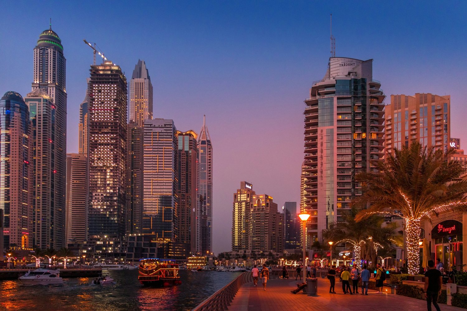 The Dubai Marina promenade at blue hour